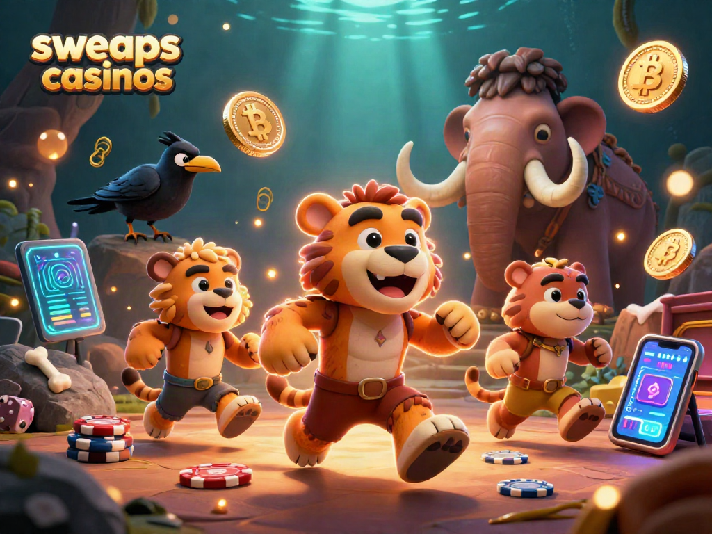 Engage in sweeps casinos with vibrant caveman duo and crypto elements in a lively prehistoric scene.