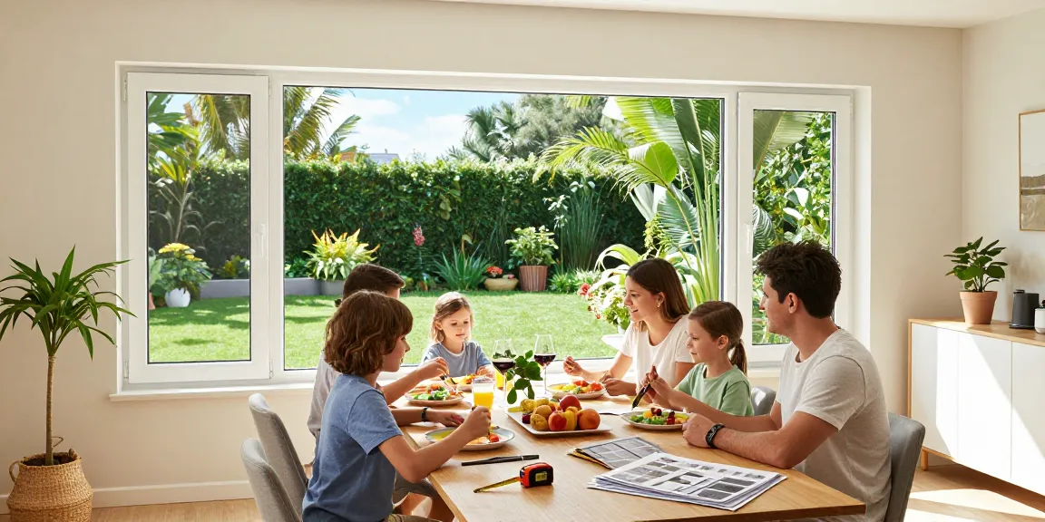 Home interior with Steko windows showing family enjoying time together, highlighting energy efficiency benefits and design.