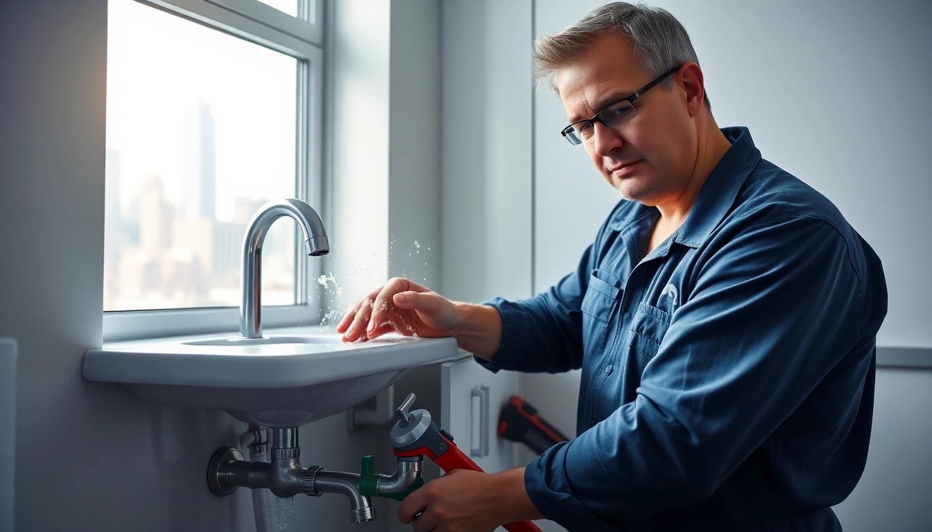 Prompt assistance for plumbing emergency NYC, with a professional plumber fixing a burst pipe.