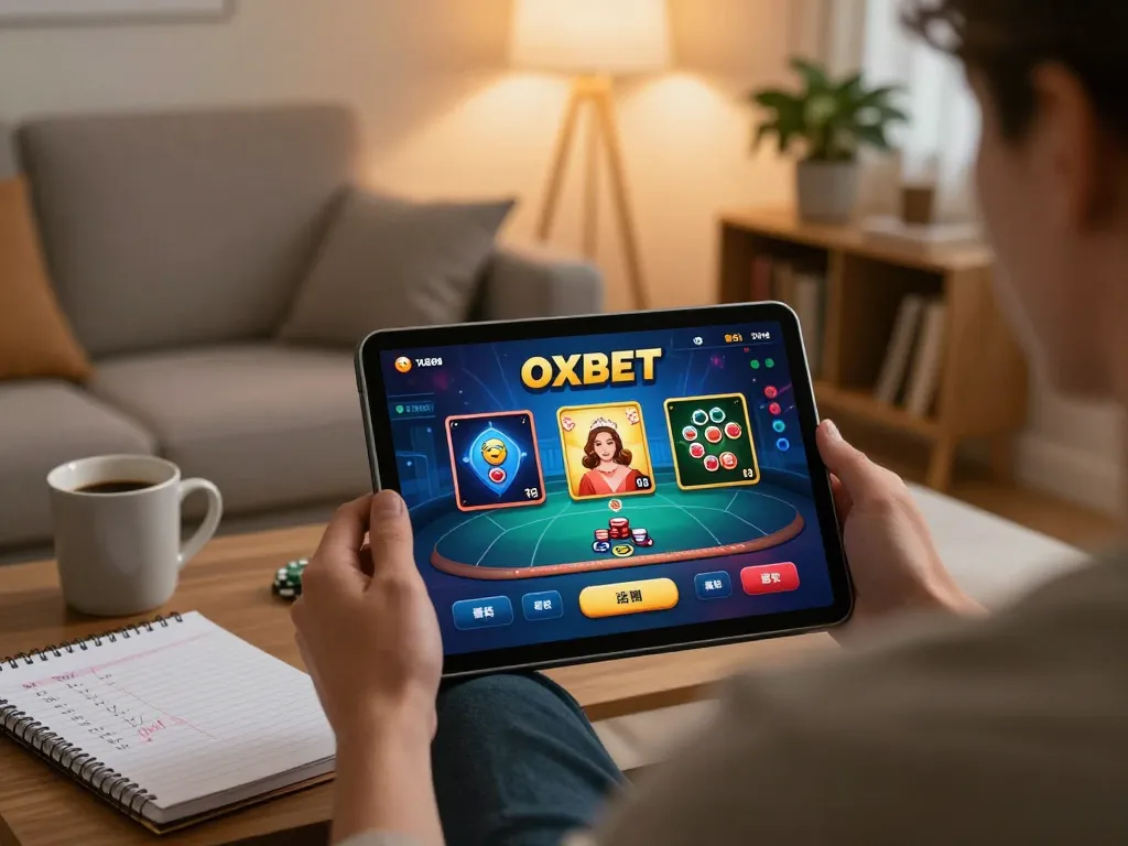 Engaging poker gameplay on Oxbet tablet, cozy home setting with responsible gaming vibe.