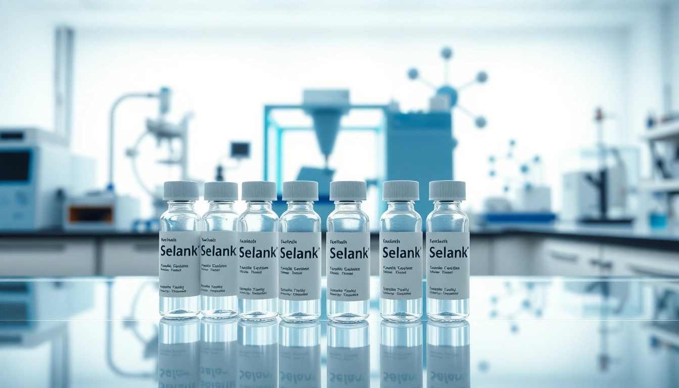 Selank vials displayed prominently in a professional lab environment, highlighting their scientific significance.