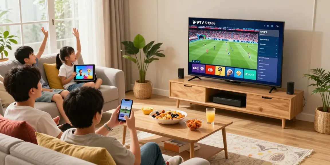Family enjoying an IPTV free trial in Europe while streaming sports and movies in a cozy living room.