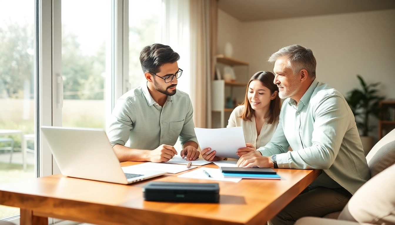 Explore home warranty coverage options with families discussing plans at a table.