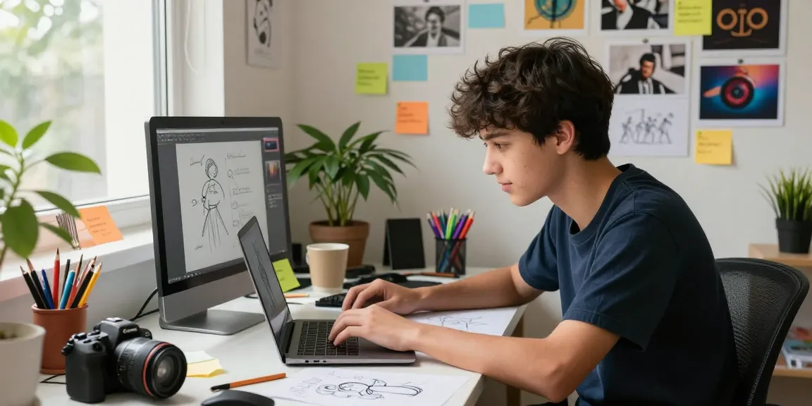 Youthful creative workspace of a high school student at dejny.eu, showing digital design activities and artistic inspirations.