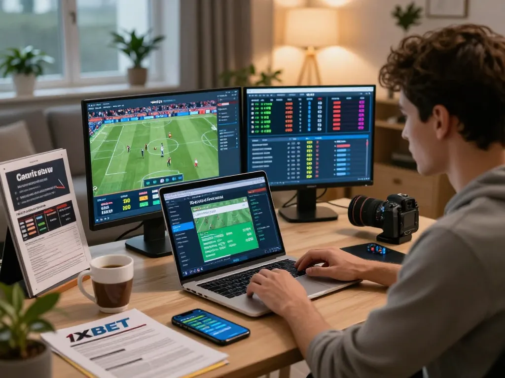 Engaging scene of a sports enthusiast exploring a 1xbet review at a modern workspace, showcasing live sports betting odds and guides.