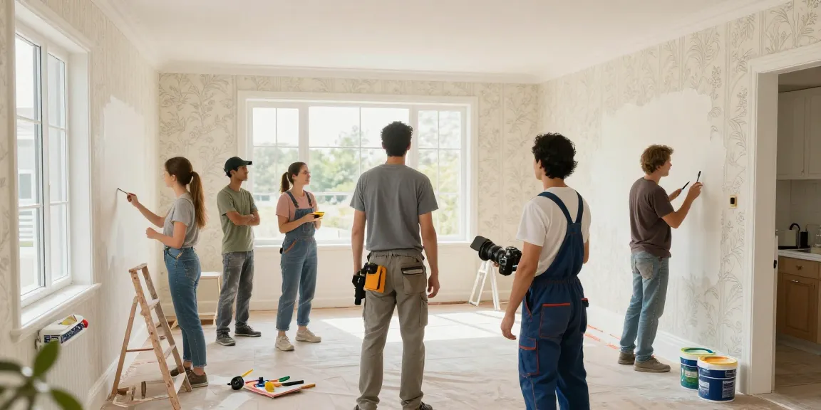 General contracting team applying fresh paint and wallpaper in a renovated home