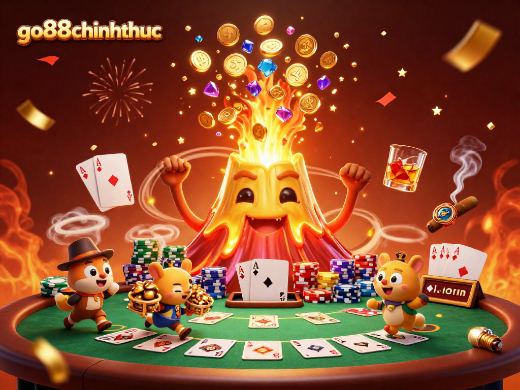 Experience excitement with go88chinhthuc as the golden volcano erupts treasures around a lively poker scene.