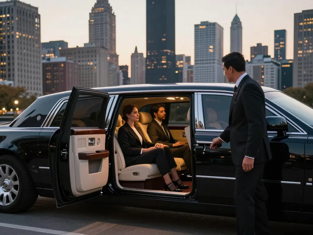 Luxury limousine service experience in Plainfield, Illinois with professional chauffeur and elegant couple.