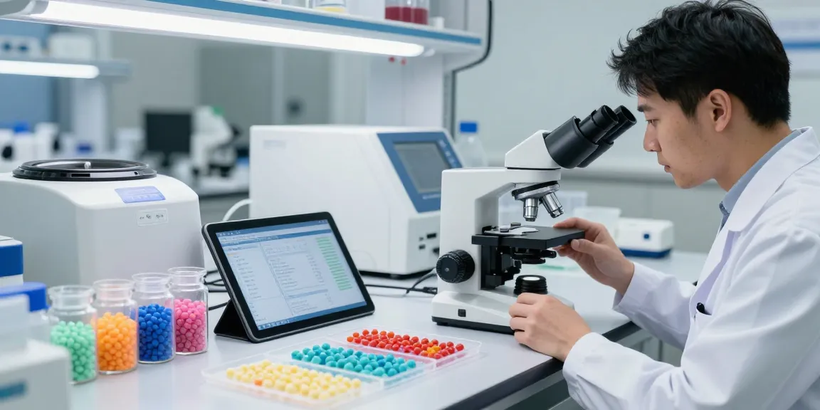 Examining polymer expandable microspheres in a scientific laboratory setting with vibrant samples.
