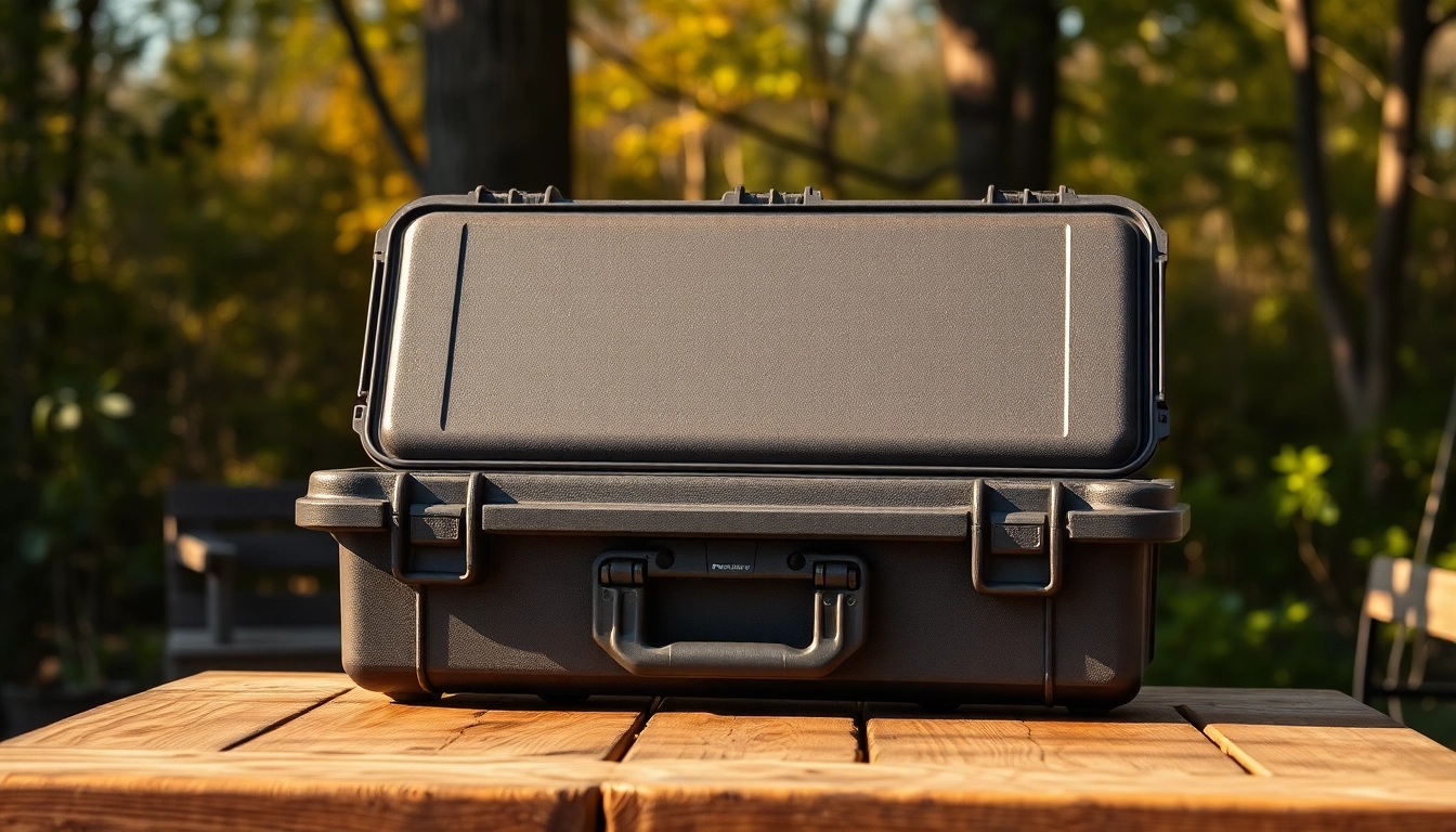 Pelican gun case for sale prominently showcased with rugged features and outdoor ambiance.