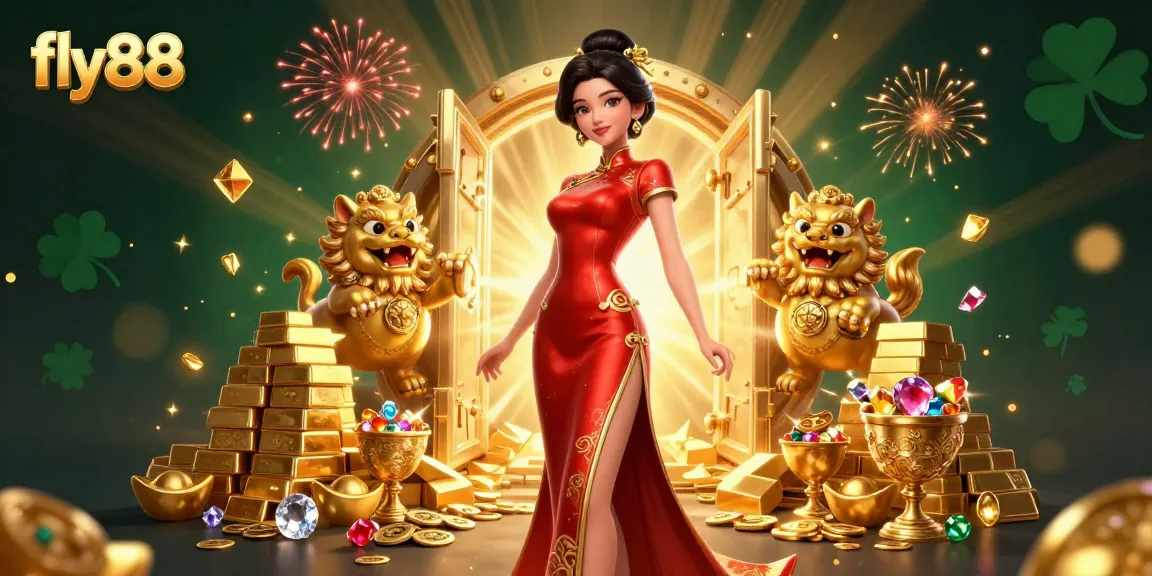 Experience the excitement of fly88 with a glamorous Asian woman among golden treasures and dynamic fireworks.