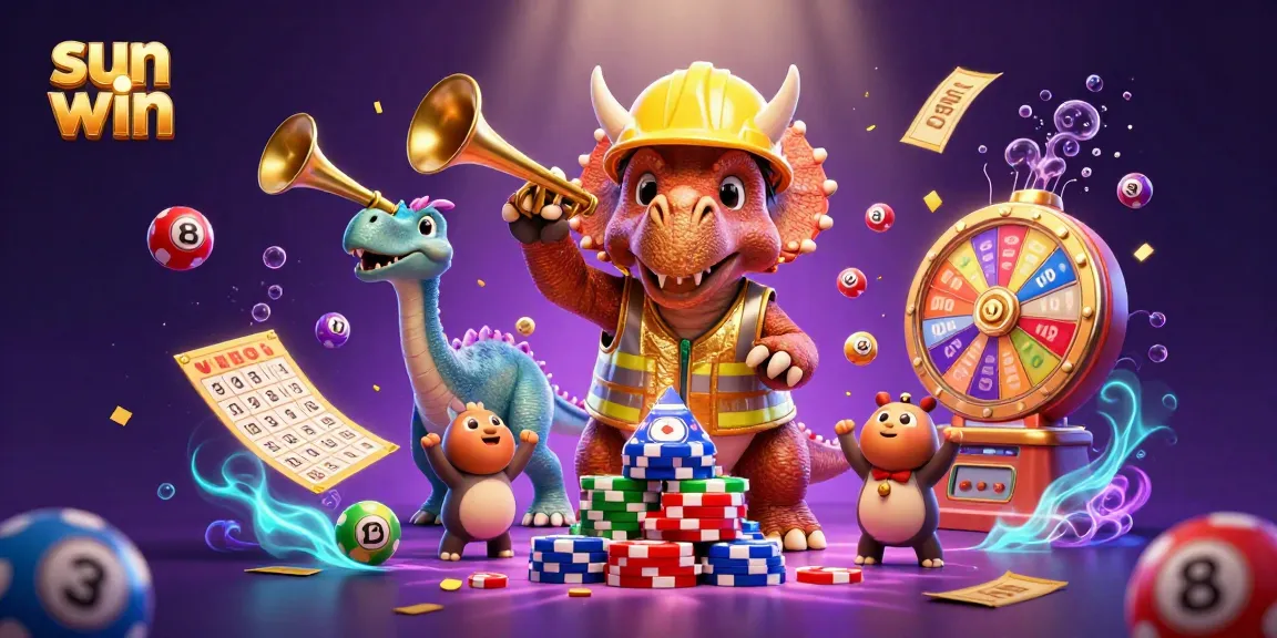 Join the celebration at sun win with a thrilling 3D casino scene featuring a triceratops and lottery elements.