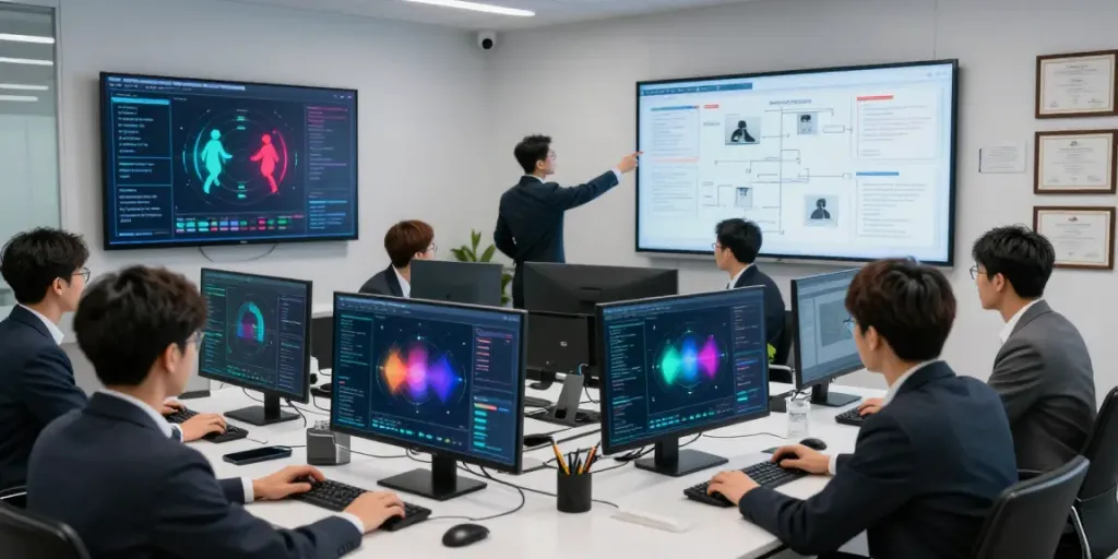 Red teaming cybersecurity analysis in a collaborative office setting with advanced technology tools.