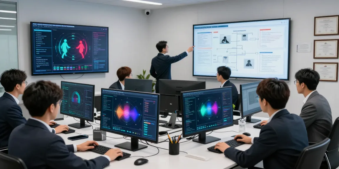 Red teaming cybersecurity analysis in a collaborative office setting with advanced technology tools.