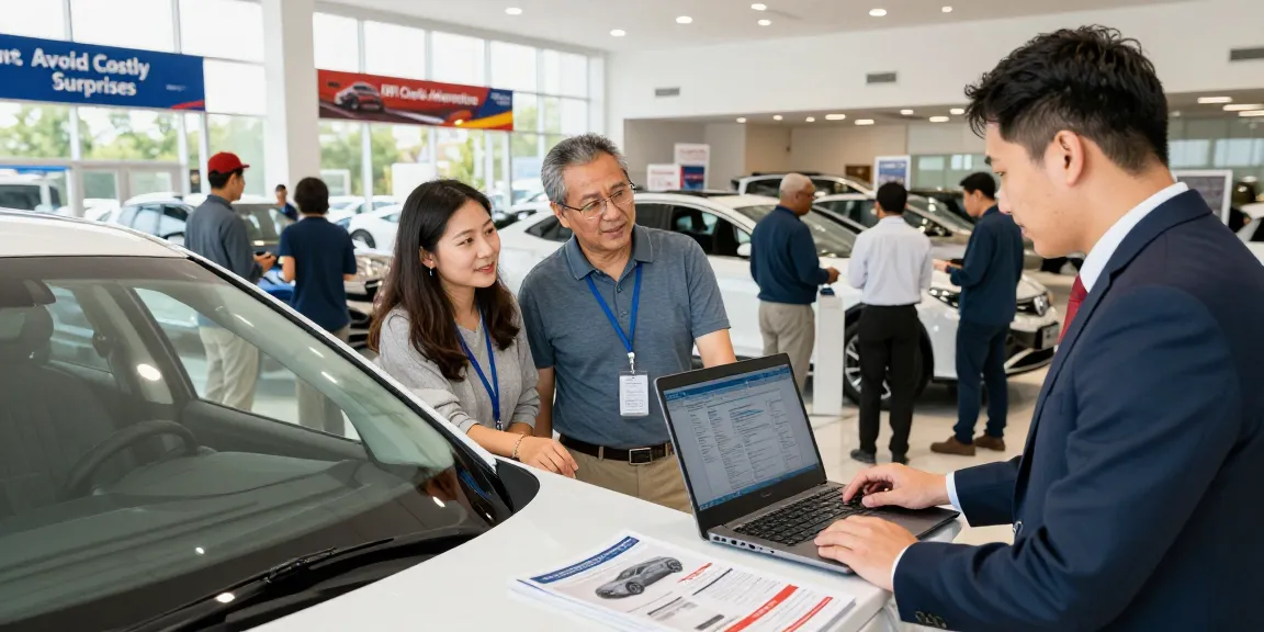 Couple reviewing an HPI check alternative report for a used car in a dealership.