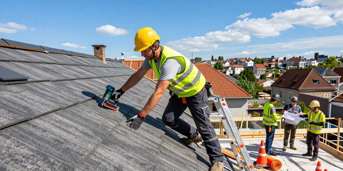 Liège. Spécialiste de la toiture - Skilled roofer installing high-quality roofing tiles in a vibrant construction scene, emphasizing expertise and professionalism.