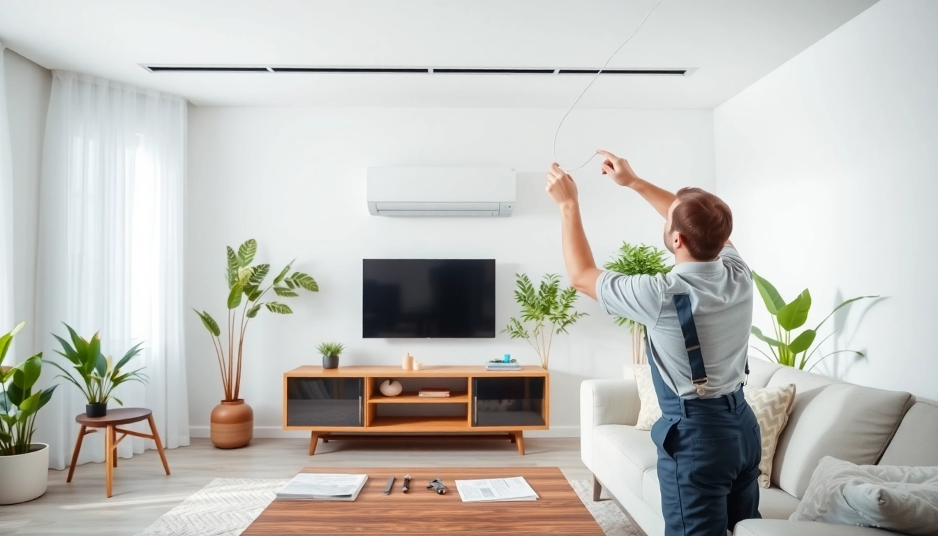 Technician installing a Mitsubishi mini split AC system showcasing a professional setup in a modern living space.