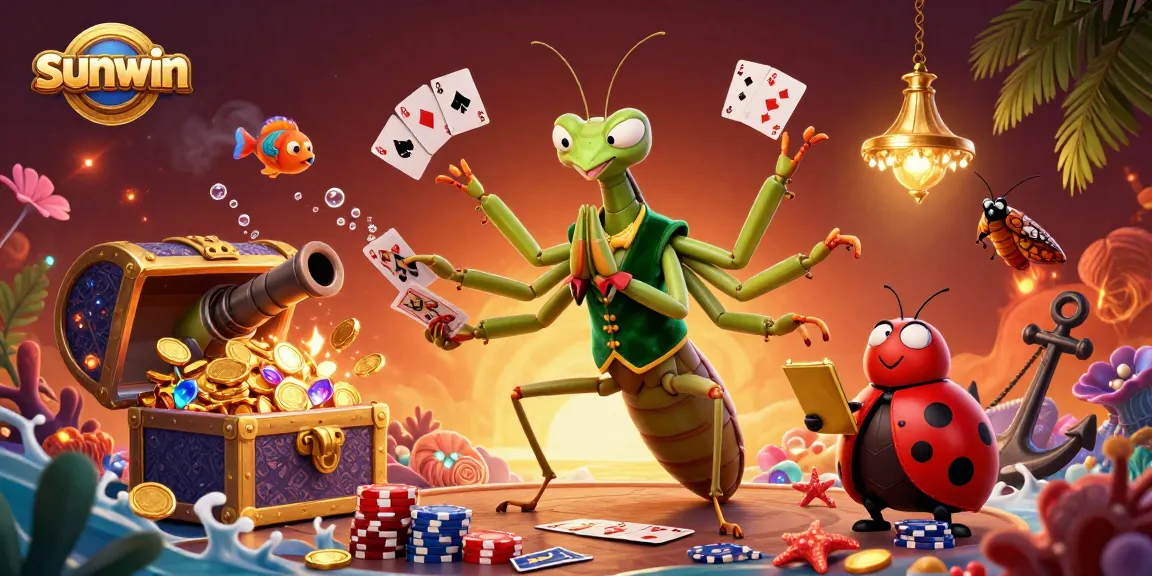 Experience thrilling gameplay with sunwin as the giant praying mantis and ladybug engage in card games.