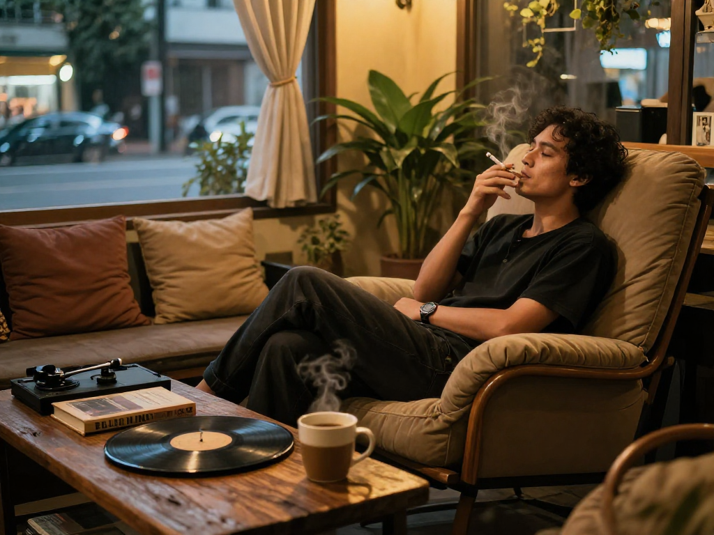 Enjoying rokok 88 in a cozy urban lounge setting with warm lighting.