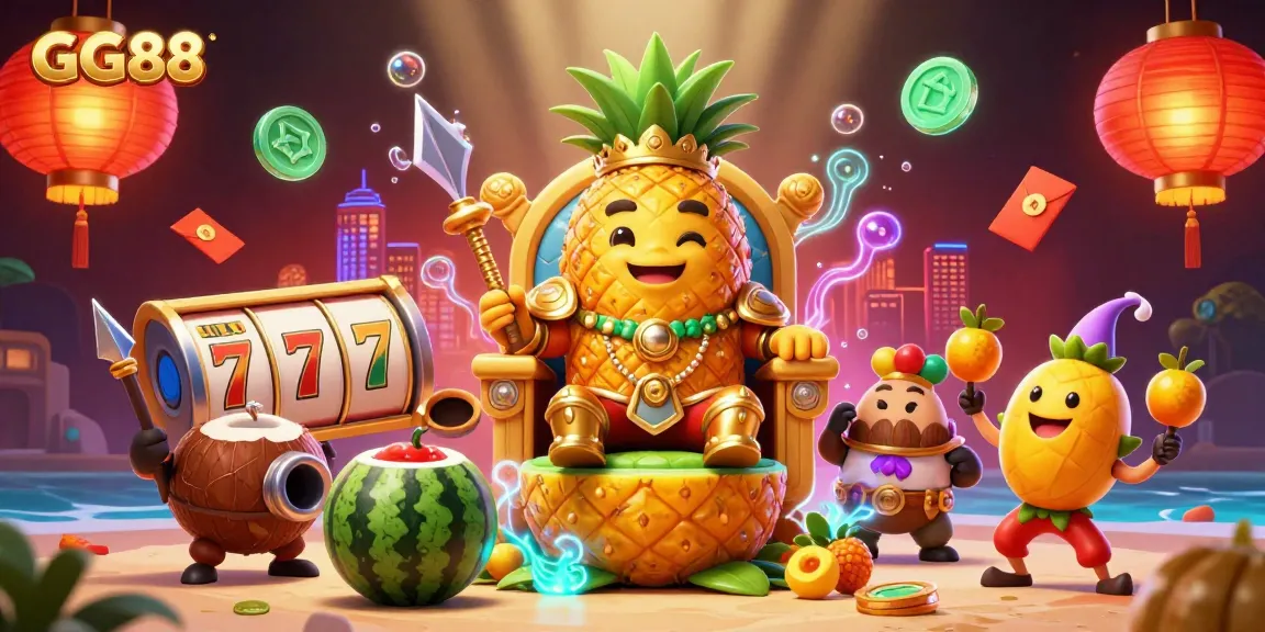 Engage with GG88's vibrant online gaming scene featuring a golden pineapple king and slot game elements.