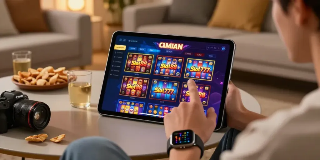 Engaging situs gacor gaming experience on a tablet in a cozy living room, showcasing vibrant Slot88 and Slot777 game options.