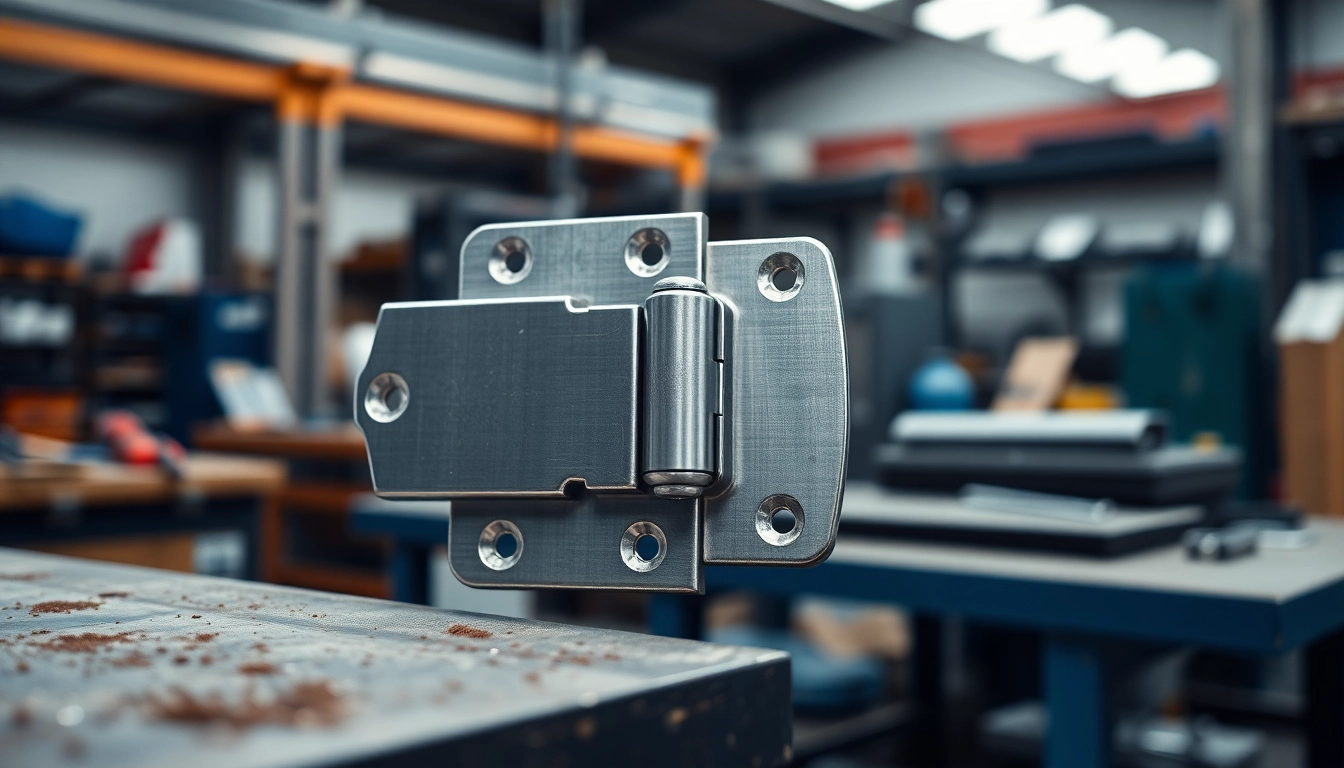 View of a detailed metallic hinge from a Hinge Supplier displayed in a workshop environment.