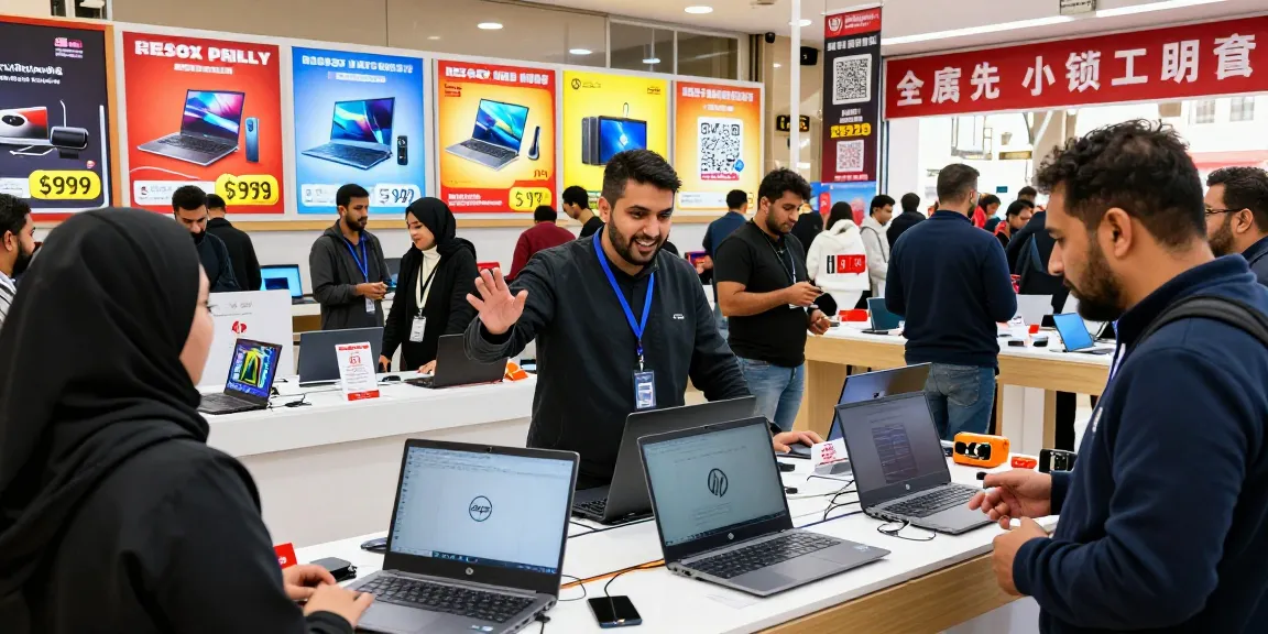 Engaging laptop showcase at ulpressbureau.ma in a vibrant Moroccan store setting.