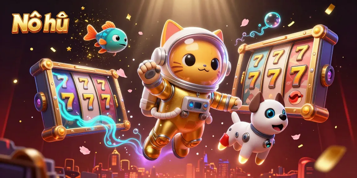 Engage with Nổ hũ in this vibrant 3D illustration showcasing an astronaut cat with gaming elements.