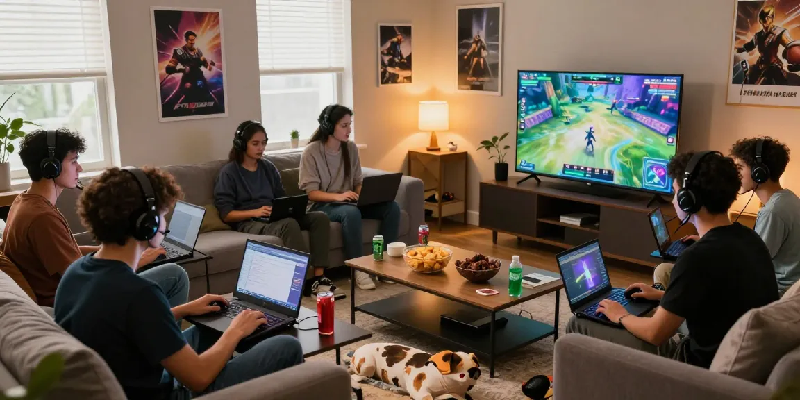A diverse group enjoying the rokok88 link gaming experience in a lively living room.