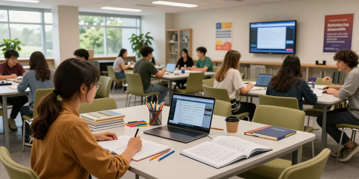 Engaged students studying at vtuguru.com resource center, surrounded by books and notes.