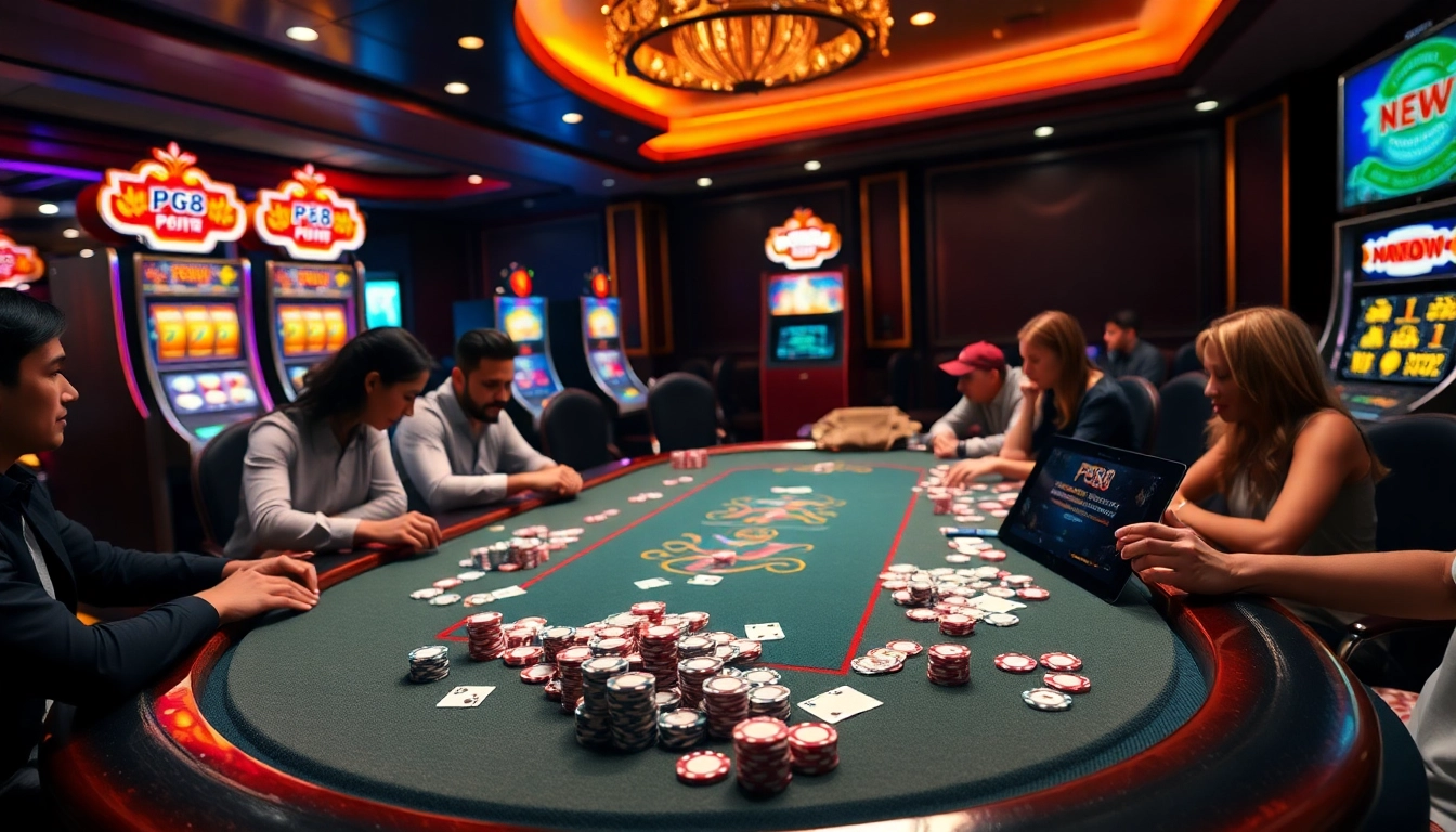 Experience pg88 gaming excitement at a luxurious casino table filled with vibrant poker chips and warm lighting.
