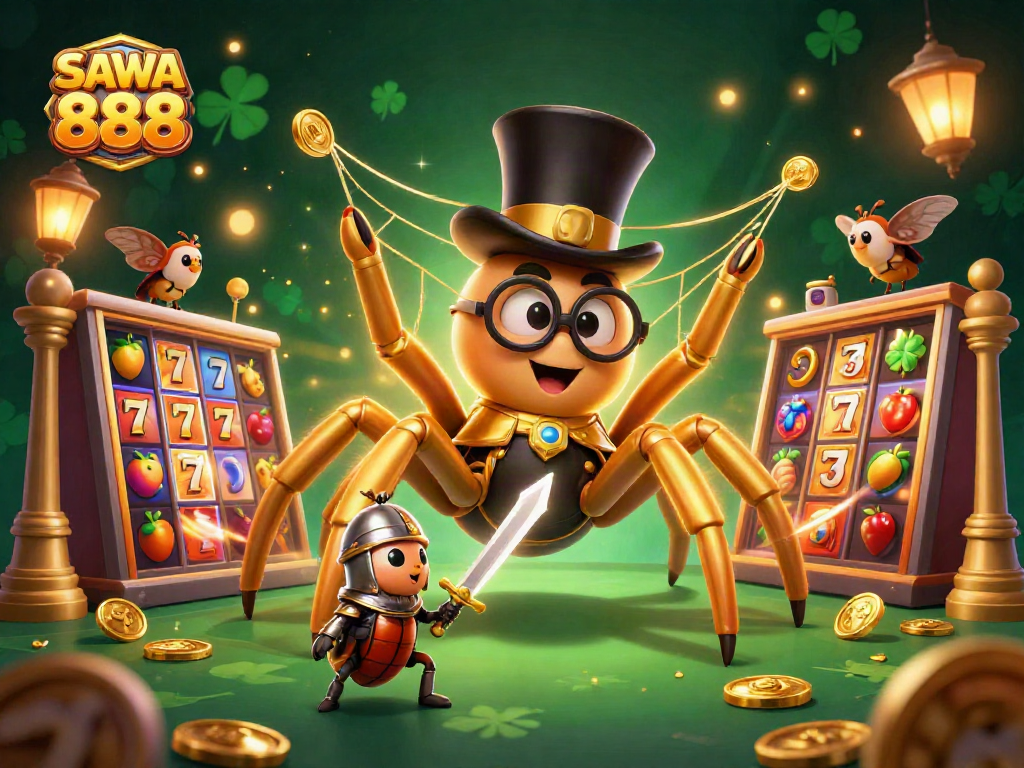 Experience the excitement of SAWA 888 with golden slots and captivating characters in a vibrant casino scene.