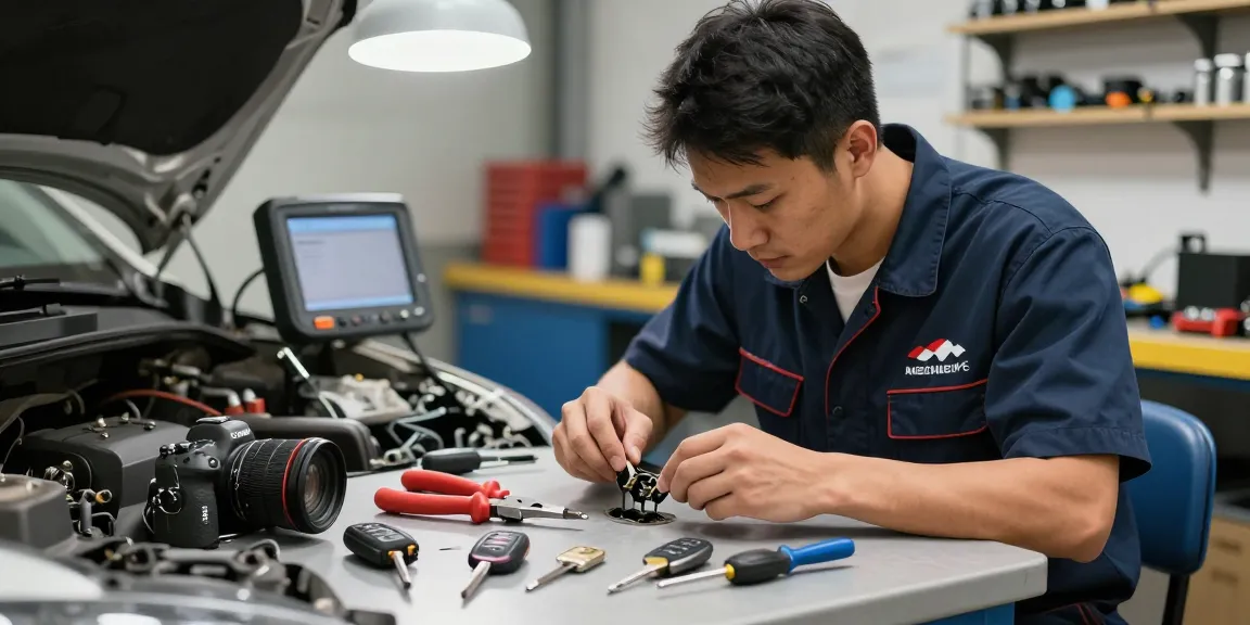 Locksmith addressing a contactslot probleem in a professional workshop with tools and a variety of car keys.