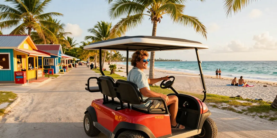 Belize golf cart rental adventure on Ambergris Caye with sunny beach backdrop.