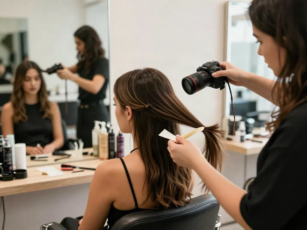 Woman in salon showcasing invisible tape in hair extensions human hair for a natural look.