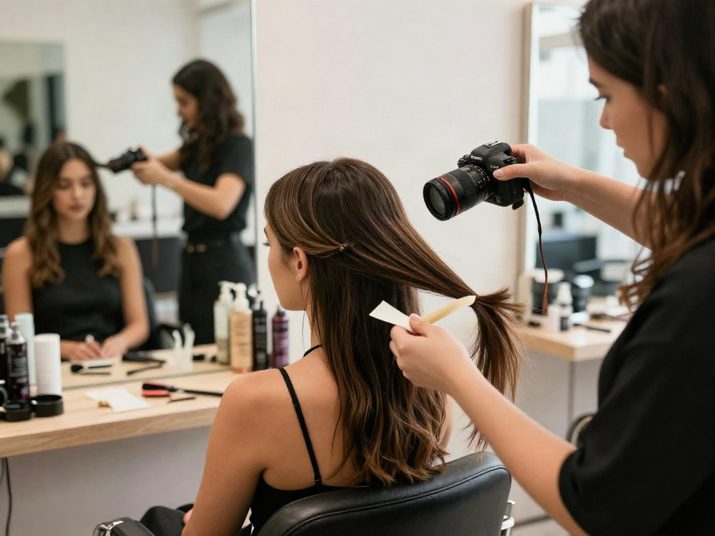 Woman in salon showcasing invisible tape in hair extensions human hair for a natural look.