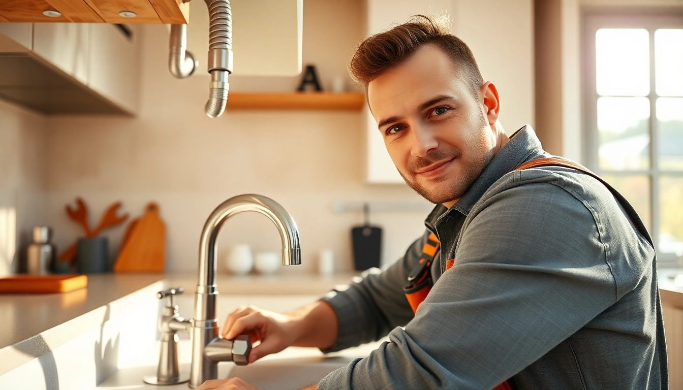 Find a reliable plumber near me fixing a kitchen sink in a bright home setting.