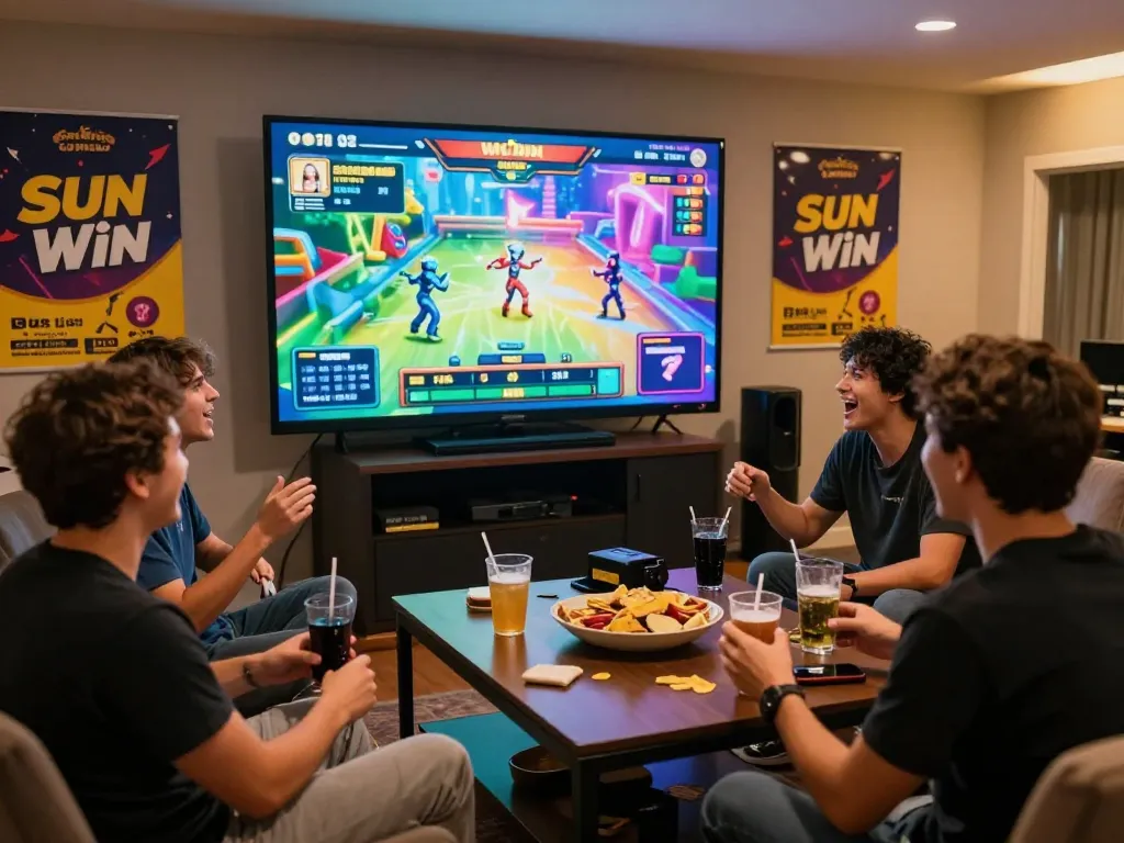 Friends enjoying an engaging gaming session with Sun Win platform, showcasing excitement and interaction.