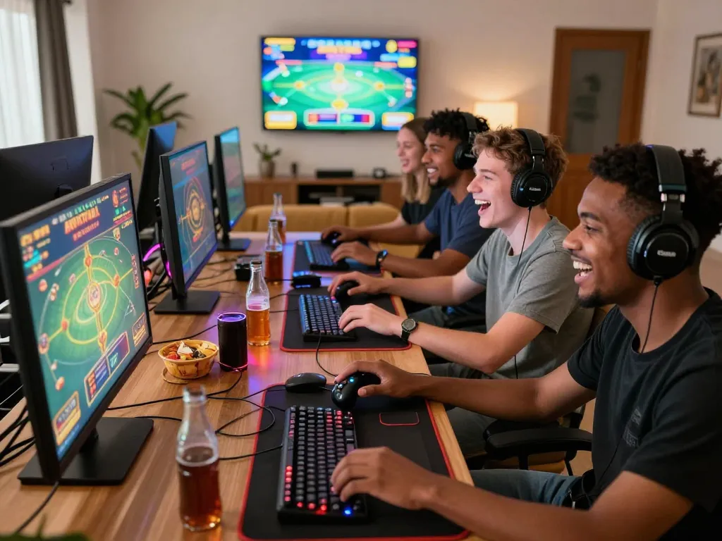 Group of friends enjoying a thrilling gaming session with 789 club on screen, colorful LED lights and gaming equipment surrounding them.