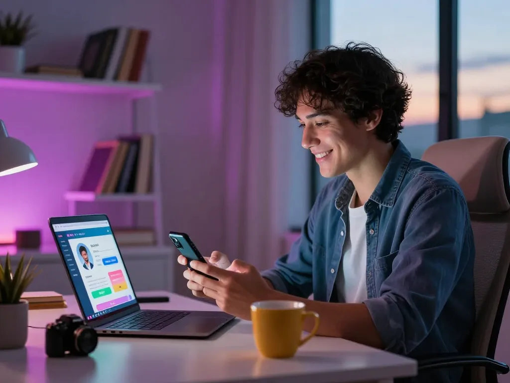 Interactive scene of a person enjoying a porn chat ai experience on a laptop in a cozy workspace.