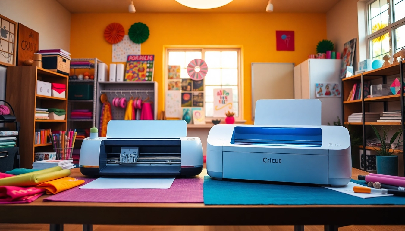 Detailed comparison of silhouette vs cricut cutting machines in a vibrant crafting studio.