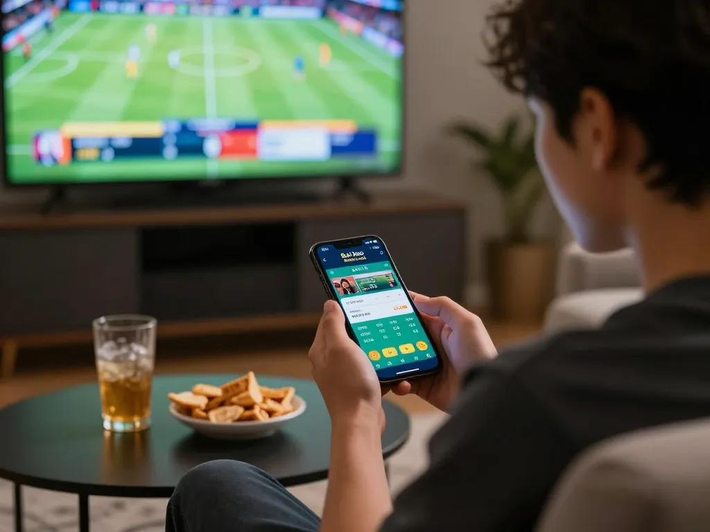 Spectator engaging with soi keo nha cai app on smartphone while watching a live sports event.