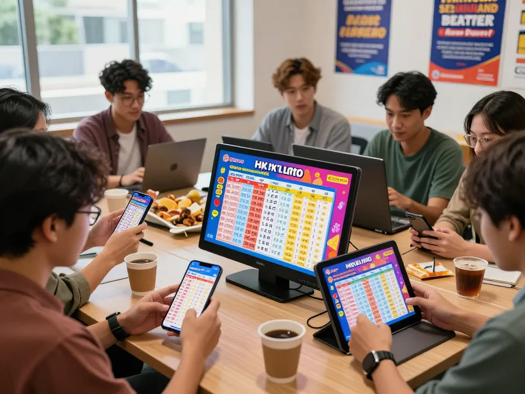 Pemain yang terlibat menganalisis hasil HK Lotto di perangkat digital dalam suasana lotere online yang hidup.