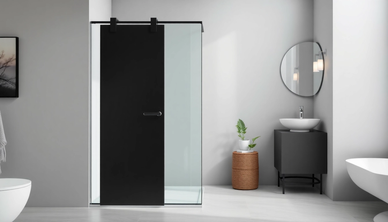 Showcase of a black shower door highlighting its sleek design and modern bathroom integration.