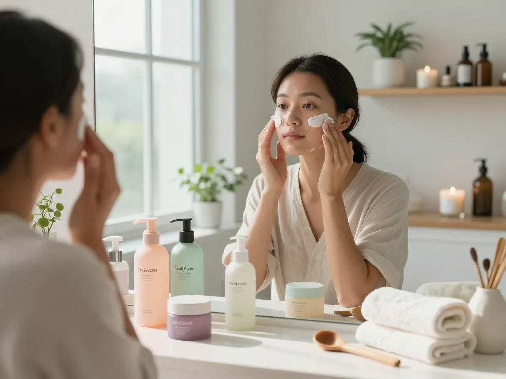Uni&Core Skincare products being applied by a diverse woman in a serene bathroom setting, highlighting a holistic beauty routine.