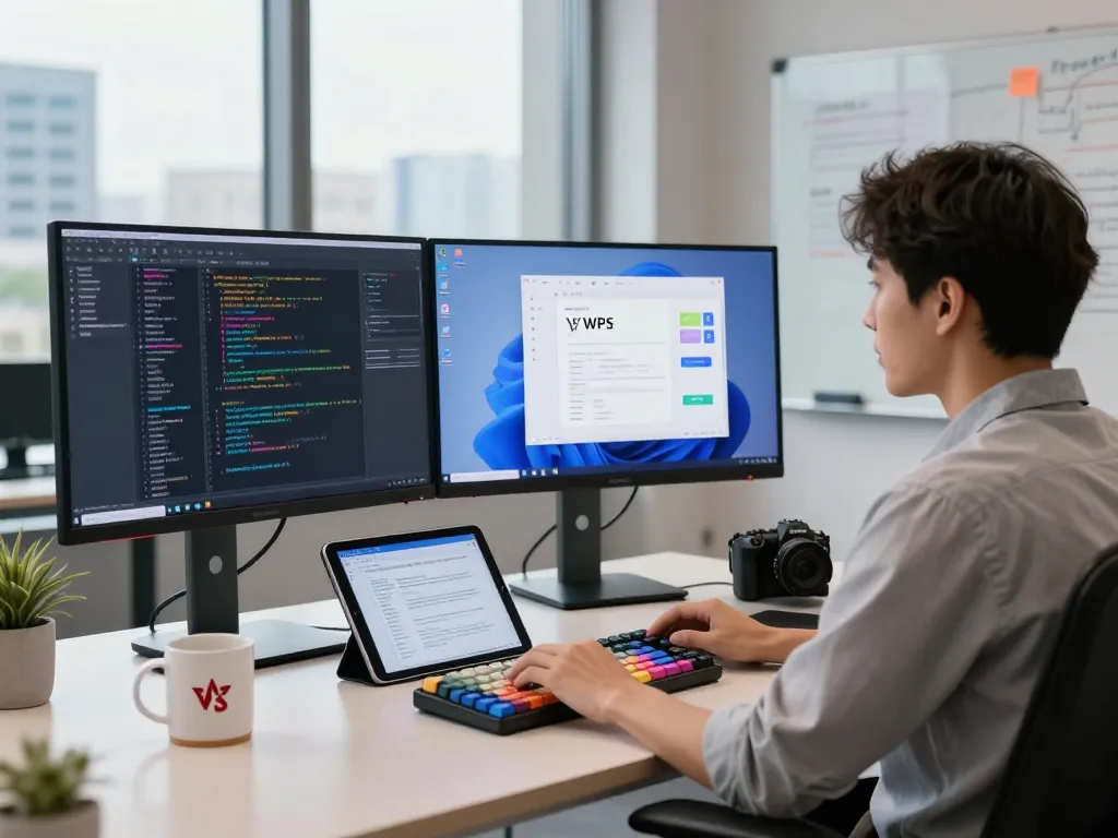Developer using WPS下载 in a modern office, showcasing coding and productivity.