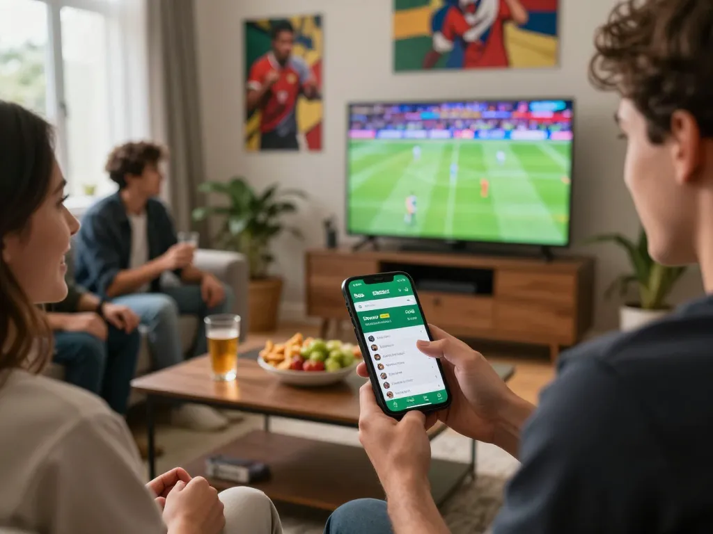 Aplikasi mobile SBOBET digunakan oleh teman-teman selama acara olahraga live, menangkap kegembiraan dan taruhan strategis.