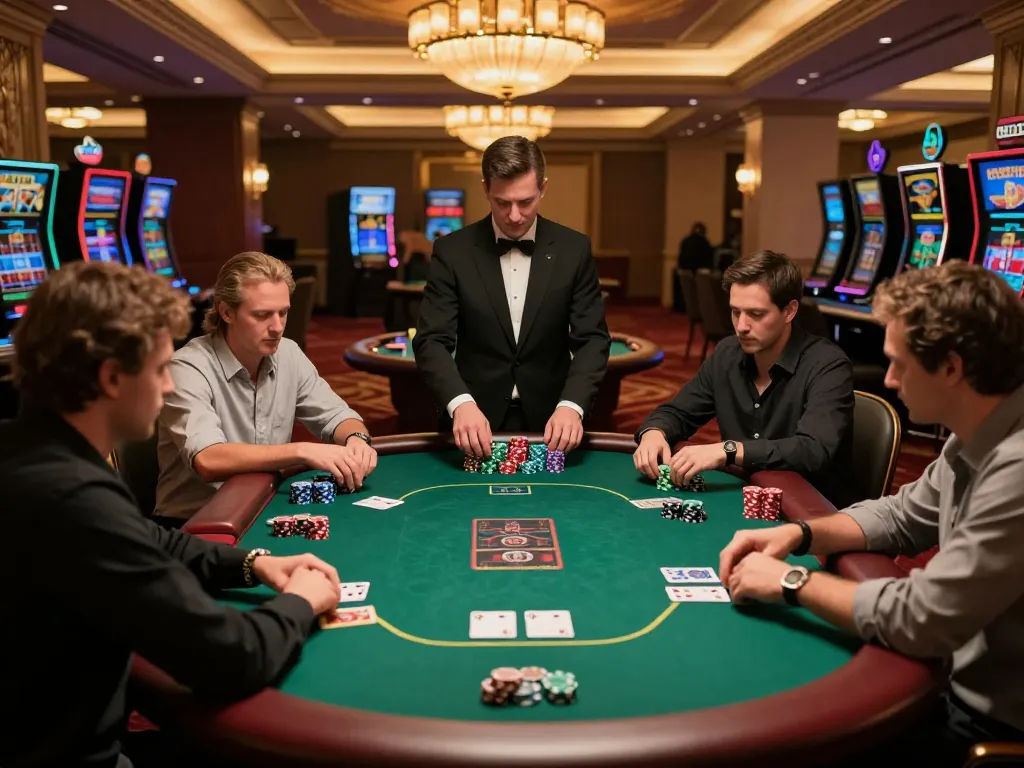 Players engaging in a high-stakes poker game at 88xeng casino, showcasing intense focus and strategic gameplay.