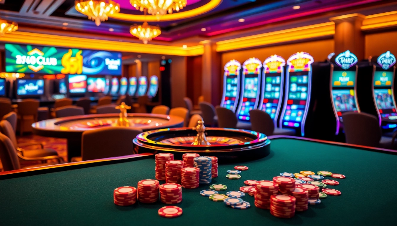 Players enjoying a thrilling poker game at https://b52pm.com/ casino, surrounded by lively slot machines and roulette.