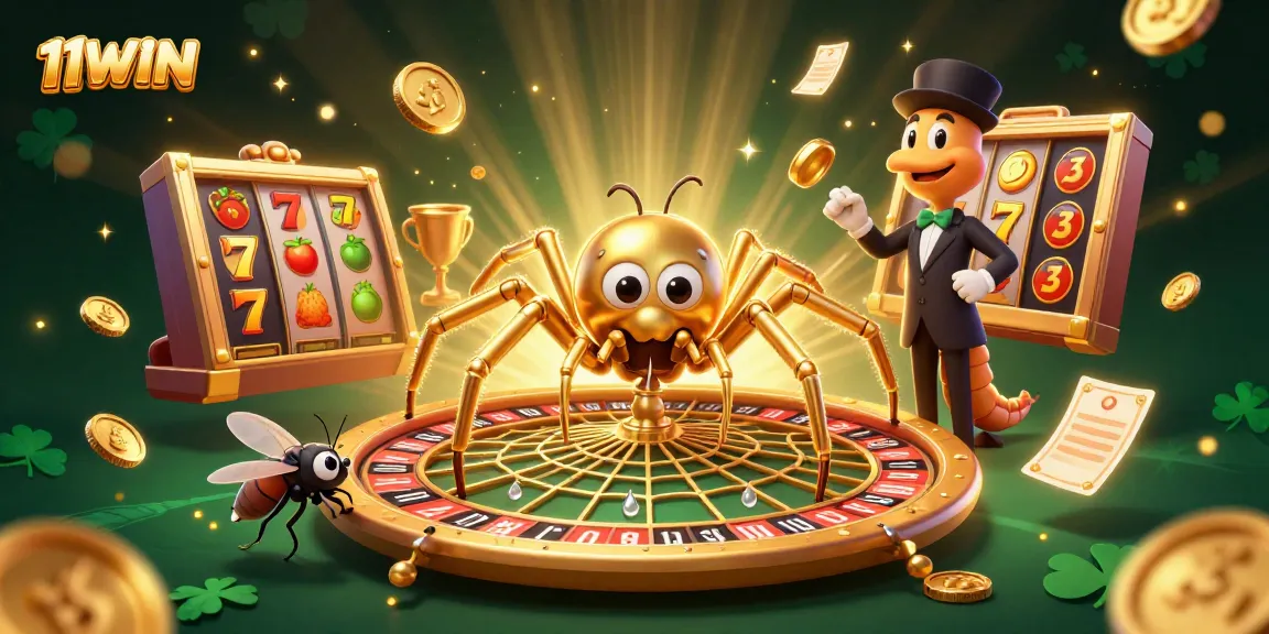 Experience the thrill of 11WIN with an engaging 3D cartoon casino scene featuring a golden spider and playful game elements.